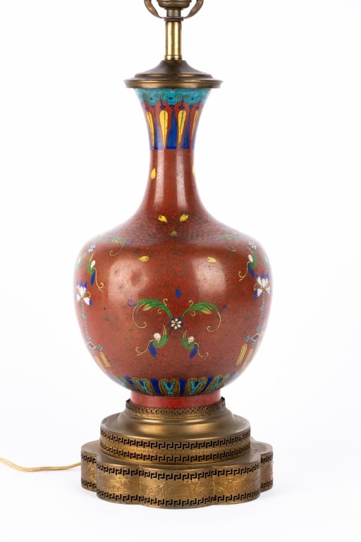 ASIAN CLOISONNE TABLE LAMP WITH BRONZE BASE - 2