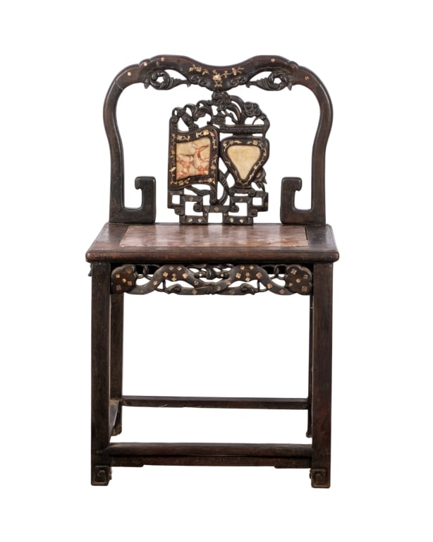 CHINESE LATE QING DYNASTY MARBLE INSET CHAIR: Chinese late Qing dynasty marble inset chair with marble seat and back insets, mother of pearl inlay, and intricate carving. Approximate dimensions: h. 36", w. 21", d. 17" Disclaimer: Participating