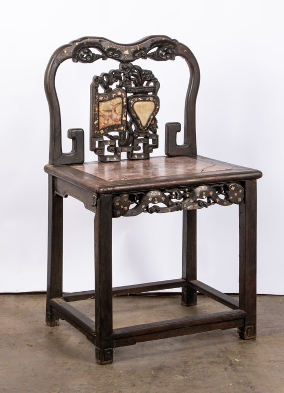 CHINESE LATE QING DYNASTY MARBLE INSET CHAIR - 4