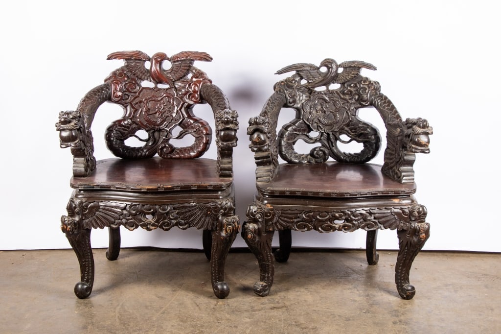 PAIR OF CHINESE HAND-CARVED ARMCHAIRS - 2