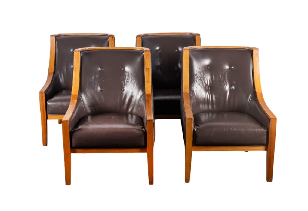 SET OF 4 MCM ARMCHAIRS: Set of four MCM armchairs with faux leather upholstery. Approximate dimensions: h. 37", w. 27", d. 30" Disclaimer: Participating bidders must have a credit card on file with LiveAuctioneers in order