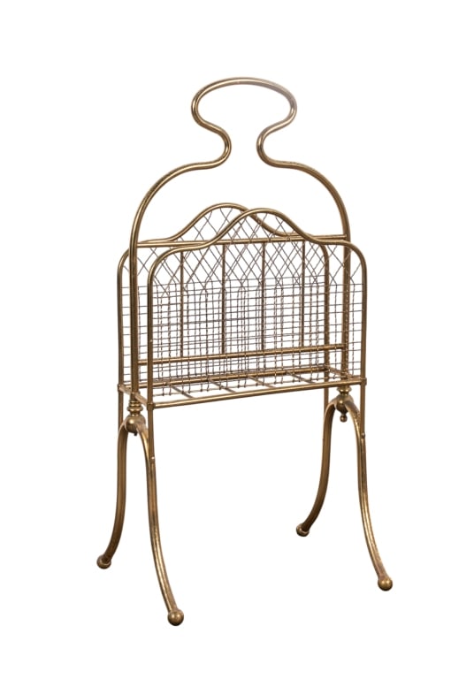 MID-CENTURY BRASS MAGAZINE HOLDER: Mid 20th century brass magazine holder. Approximate dimensions: h. 32", w. 15", d. 13" Disclaimer: Participating bidders must have a credit card on file with LiveAuctioneers in order for their