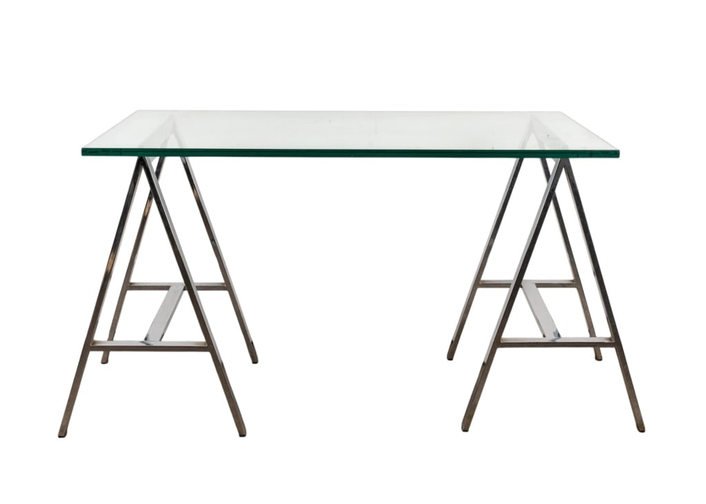 VINTAGE CHROME & GLASS TABLE: Vintage chrome and glass table. Approximate dimensions: h. 28.5", w. 48", d. 30" Disclaimer: Participating bidders must have a credit card on file with LiveAuctioneers in order for their bidding