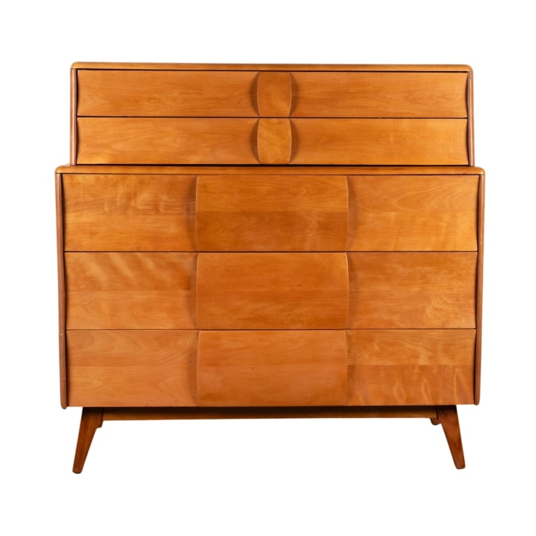 HEYWOOD-WAKEFIELD KOHINOOR BIRCH DRESSER: Heywood-Wakefield Kohinoor birch dresser. Two-piece form, stamped ?Heywood Wakefield? to the interior. Approximate dimensions: h. 43", w. 43.5", d. 19" Disclaimer: Participating bidders must have a