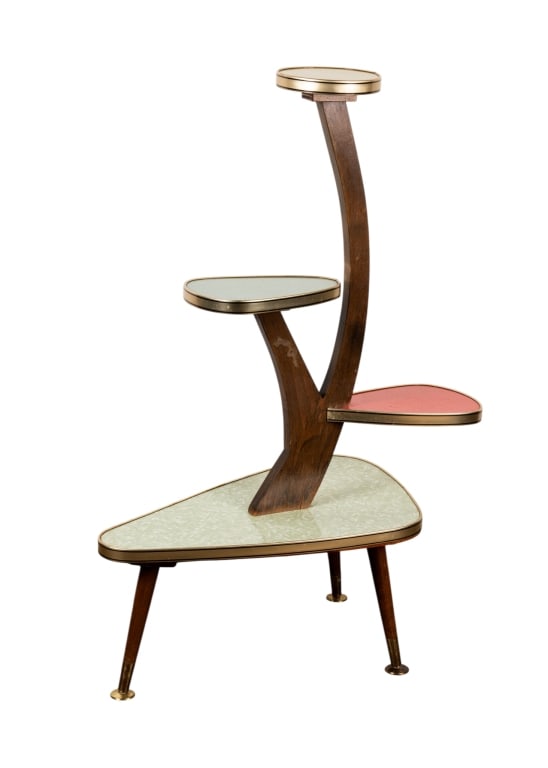 MID-CENTURY MODERN FORMICA PLANT STAND: Mid-century modern Formica plant stand. Approximate dimensions: h. 38.5", w. 23", d. 14.5" Disclaimer: Participating bidders must have a credit card on file with LiveAuctioneers in order for their