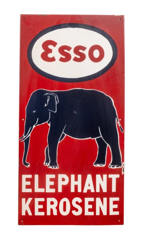 ESSO ELEPHANT KEROSENE ADVERTISING SIGN: Esso Elephant Kerosene advertising sign. Approximate dimensions: h. 24", w. 12" Disclaimer: Participating bidders must have a credit card on file with LiveAuctioneers in order for their bidding regist