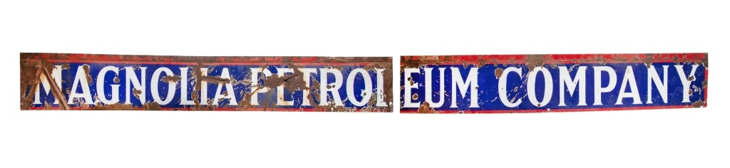 MAGNOLIA PETROLEUM ADVERTISING SIGN: Magnolia Petroleum metal advertising sign. Two parts. Approximate dimensions: h. 19", w. 213.5" (for two signs together) Disclaimer: Participating bidders must have a credit card on file with LiveAuct