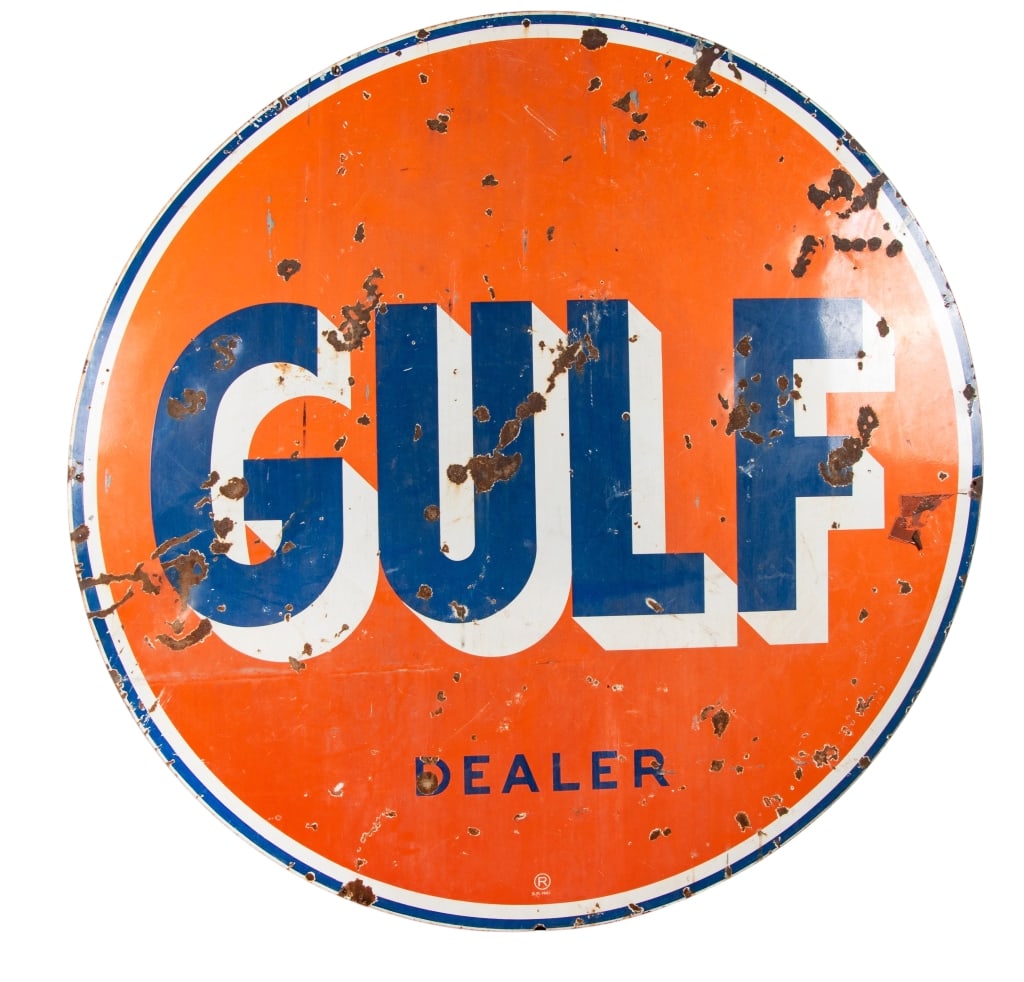 LARGE GULF ADVERTISING SIGN: Large Gulf double-sided advertising sign. Approximate dimensions: dia. 72" Disclaimer: Participating bidders must have a credit card on file with LiveAuctioneers in order for their bidding registratio