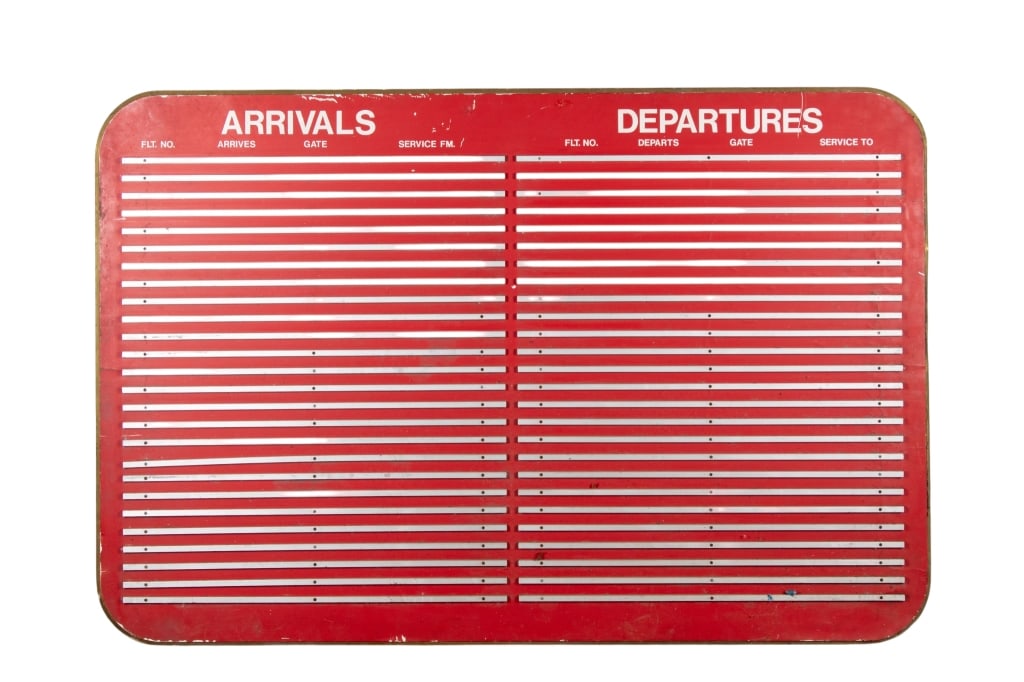 ARRIVAL & DEPARTURE ANNOUNCEMENT BOARD: Arrival & departure announcement board. Approximate dimensions: h. 48", w. 71", d. 1" Disclaimer: Participating bidders must have a credit card on file with LiveAuctioneers in order for their bidding 
