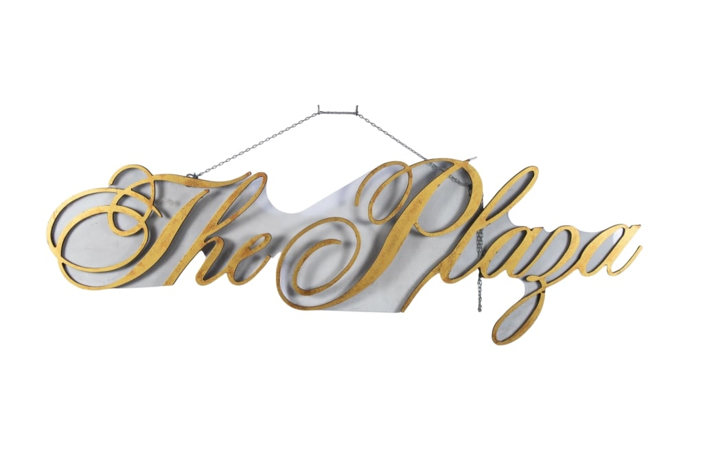 VINTAGE LARGE 'THE PLAZA' SIGN: Vintage large "The Plaza" sign with acrylic backing. Approximate dimensions: h. 24", w. 92", d. 1" Disclaimer: Participating bidders must have a credit card on file with LiveAuctioneers in order for t