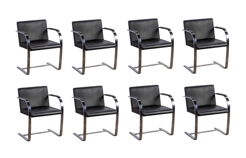 SET OF 8 KNOLL BRNO STYLE CHAIRS: Set of 8 Knoll Brno style chairs with chrome base and black faux leather upholstery. Approximate dimensions: h. 29", w. 23", d. 20" Disclaimer: Participating bidders must have a credit card on file