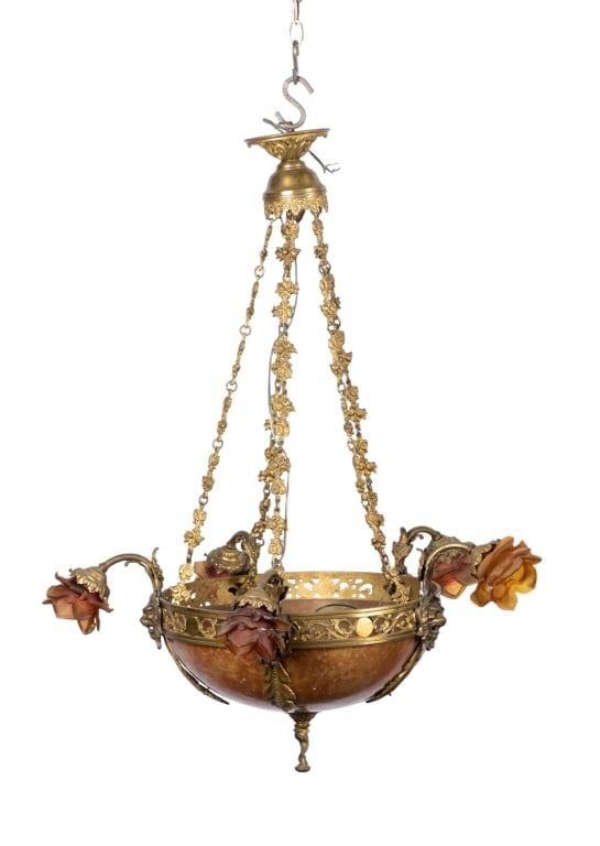 ART NOUVEAU STYLE BRASS & ALABASTER CHANDELIER: Art Nouveau style brass and alabaster chandelier with floral motif shades. Approximate dimensions: h. 38", dia. 27" Disclaimer: Participating bidders must have a credit card on file with