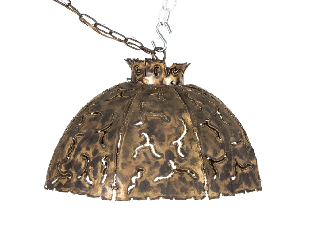 ATTR. TOM GREENE BRASS PENDANT LIGHT: Attributed to Tom Greene brass pendant light. Approximate dimensions: h. 10", dia. 18" Disclaimer: Participating bidders must have a credit card on file with LiveAuctioneers in order for their