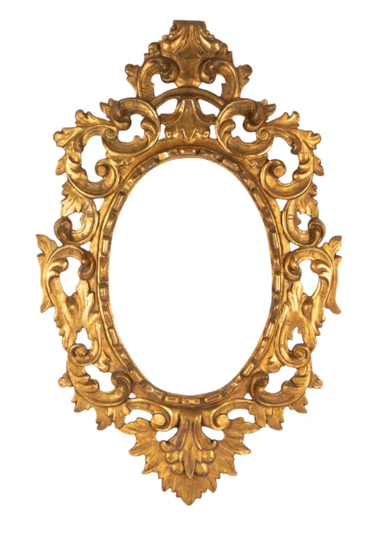 ITALIAN ROCOCO STYLE GILT MIRROR FRAME: Italian Rococo style gilt mirror frame. Approximate dimensions: h. 43", w. 27.5", d. 3" Disclaimer: Participating bidders must have a credit card on file with LiveAuctioneers in order for their biddin
