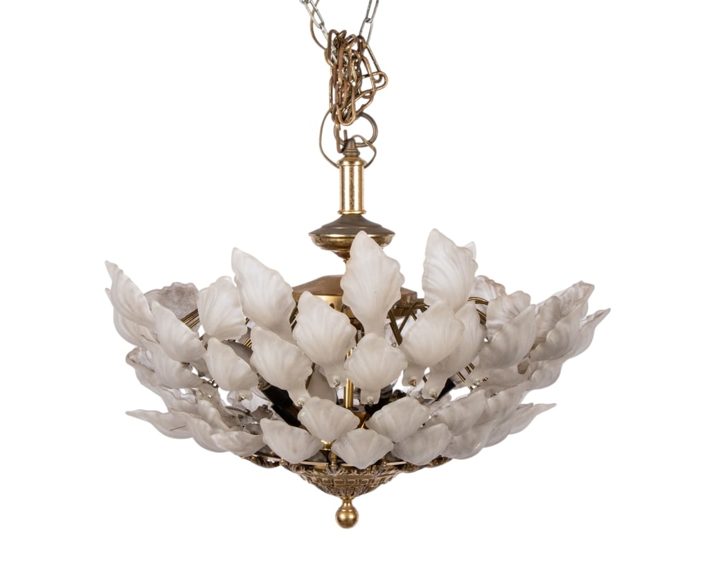 20TH CENTURY FROSTED GLASS LEAF CHANDELIER: 20th century. Frosted glass leaf chandelier. Approximate dimensions: h. 16", dia. 24" Disclaimer: Participating bidders must have a credit card on file with LiveAuctioneers in order for their bidding