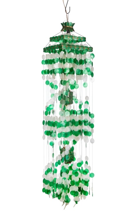VINTAGE CAPIZ SHELL WATERFALL CHANDELIER: Vintage 3-light white and green capiz shell waterfall chandelier. Approximate dimensions: h. 72', dia. 14.5" Disclaimer: Participating bidders must have a credit card on file with LiveAuctioneers in