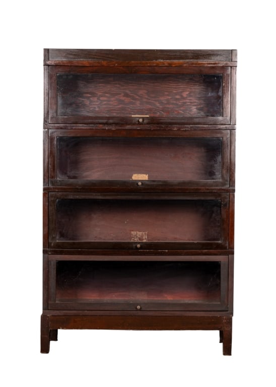 GLOBE-WERNICKE FOUR-SECTION BOOKCASE: Globe-Wernicke four-section bookcase. Approximate dimensions: h. 55", w. 34", d. 11" Disclaimer: Participating bidders must have a credit card on file with LiveAuctioneers in order for their bidding r