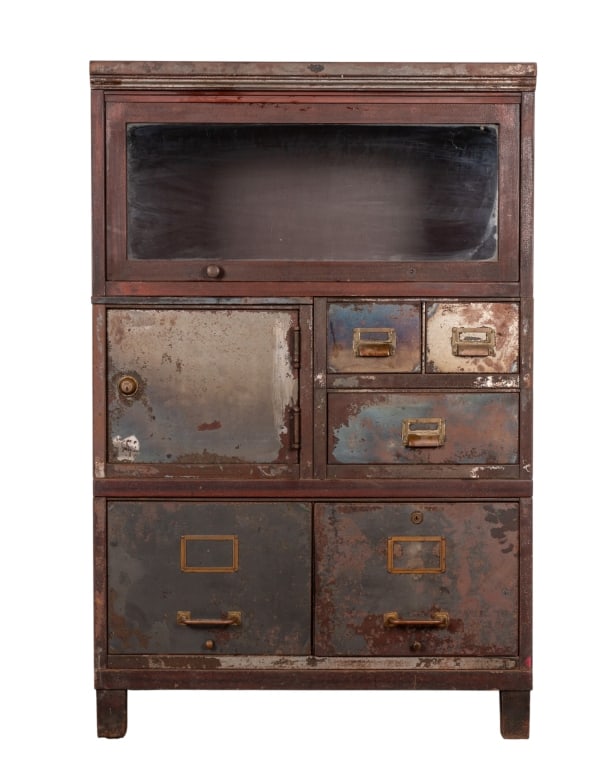 VINTAGE METAL FILE CABINET: Vintage metal file cabinet. Approximate dimensions: h. 33.5", w. 33", d. 28" Disclaimer: Participating bidders must have a credit card on file with LiveAuctioneers in order for their bidding registrat