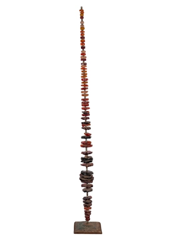 GLASS & METAL GARDEN SCULPTURE: Glass and metal garden sculpture. Approximate dimensions: h. 81.5", w. 10.5", d. 10.5" Disclaimer: Participating bidders must have a credit card on file with LiveAuctioneers in order for their