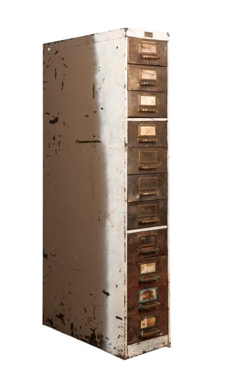 VINTAGE ALLSTEEL FILE CABINET: Vintage Allsteel file cabinet. Approximate dimensions: h. 53", w. 9.5", d. 26" Disclaimer: Participating bidders must have a credit card on file with LiveAuctioneers in order for their bidding