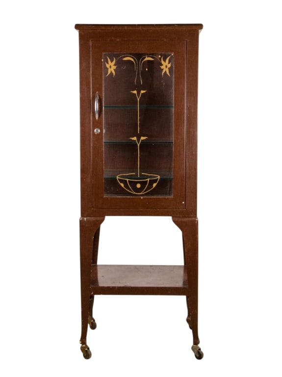 VINTAGE HAND-PAINTED MEDICAL DISPLAY CABINET: Vintage hand-painted medical display cabinet with mushroom and floral motif, and castered legs. Approximate dimensions: h. 57", w. 21", d. 16.5" Disclaimer: Participating bidders must have a credit ca