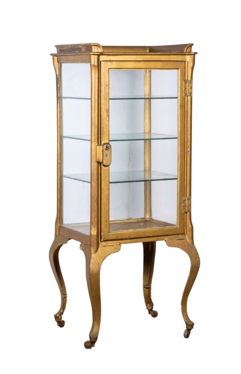 VINTAGE PAINTED METAL MEDICAL CABINET: Vintage painted metal medical cabinet with castered legs and glass shelves. Approximate dimensions: h. 56.5", w. 23", d. 19" Disclaimer: Participating bidders must have a credit card on file with Live