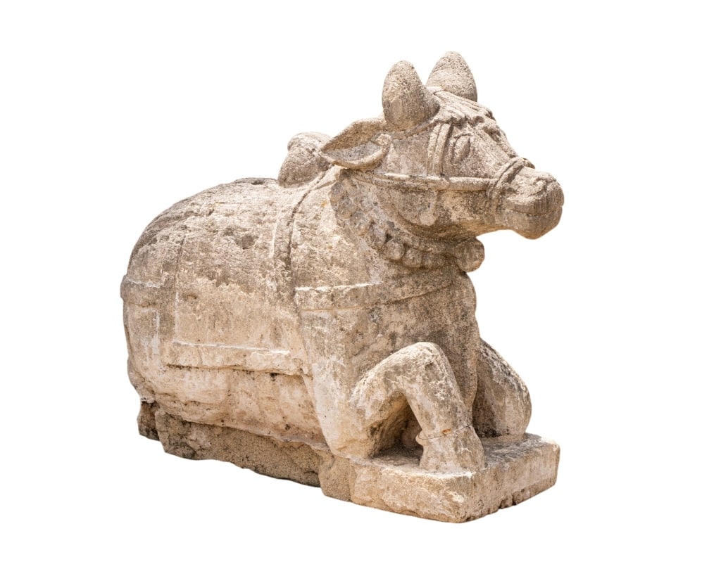 LARGE NANDI STONE SCULPTURE: Large Nandi stone sculpture. Approximate dimensions: h. 21", w. 23", d. 9" Disclaimer: Participating bidders must have a credit card on file with LiveAuctioneers in order for their bidding