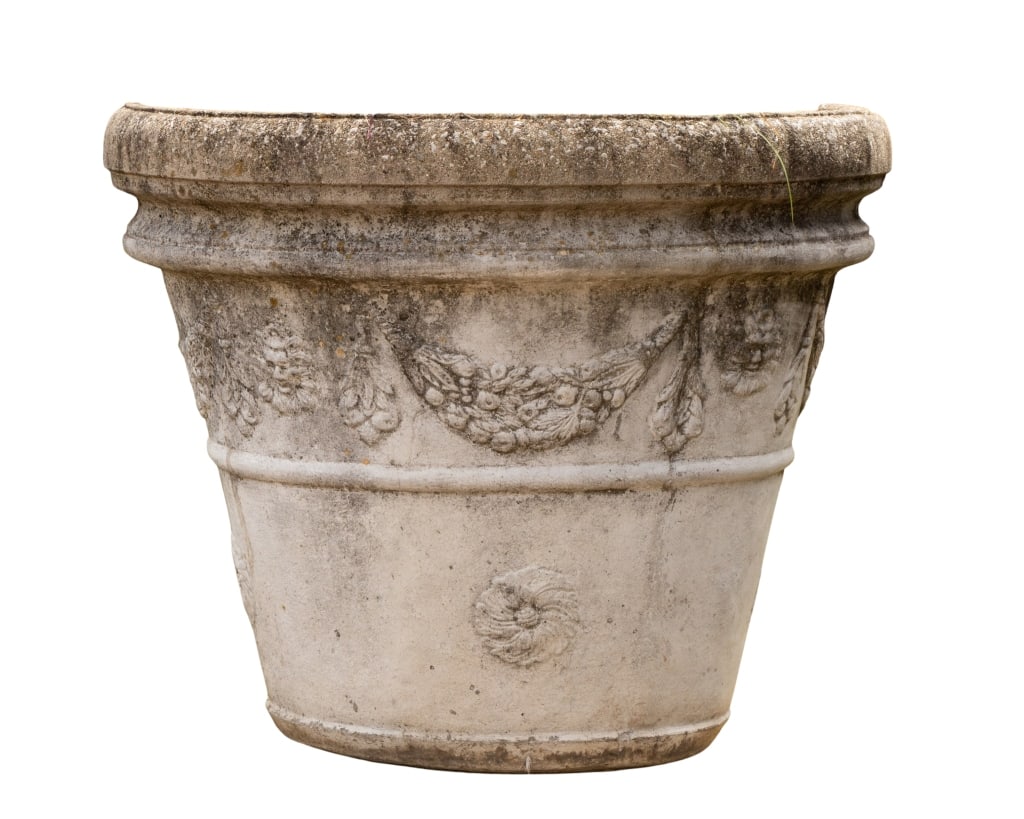 LARGE CONCRETE GARDEN PLANTER: Large concrete garden planter with garland motif. Approximate dimensions: h. 26", dia. 29" Disclaimer: Participating bidders must have a credit card on file with LiveAuctioneers in order for their bid