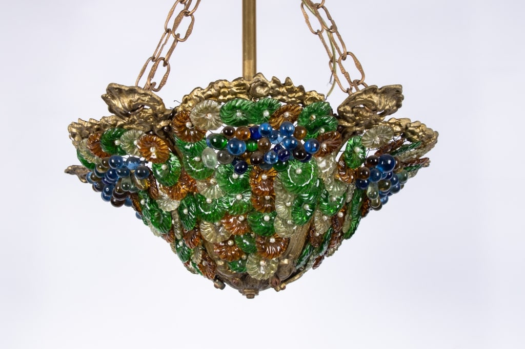 VINTAGE FLORAL & GRAPE MOTIF BRASS CHANDELIER - 6