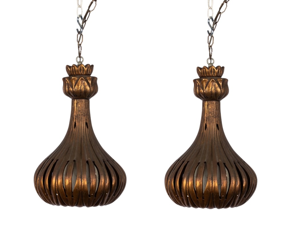 PAIR OF CONTEMPORARY BRONZE TONE PENDANT LIGHTS: Pair of contemporary bronze tone pendant lights. Approximate dimensions: h. 18", dia. 11" Disclaimer: Participating bidders must have a credit card on file with LiveAuctioneers in order for their