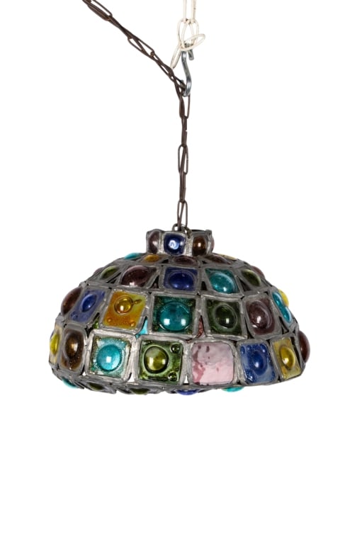 MID-CENTURY BRUTALIST STYLE PENDANT LIGHT: Mid-century brutalist style pendant light with stained glass jeweled inserts. Approximate dimensions: h. 9", dia. 11" Disclaimer: Participating bidders must have a credit card on file with