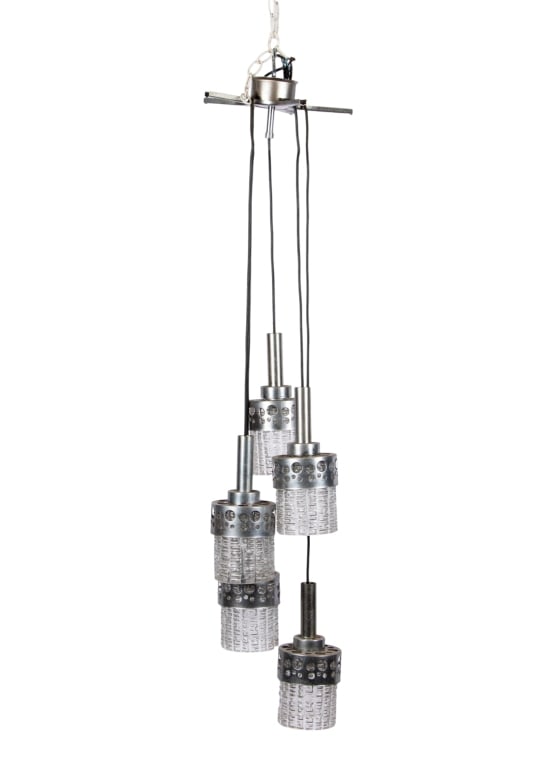 5-LIGHT CHROME & GLASS HANGING LIGHT FIXTURE: 5-light chrome and glass hanging light fixture. Approximate dimensions: h. 43", dia. 16" Disclaimer: Participating bidders must have a credit card on file with LiveAuctioneers in order for their