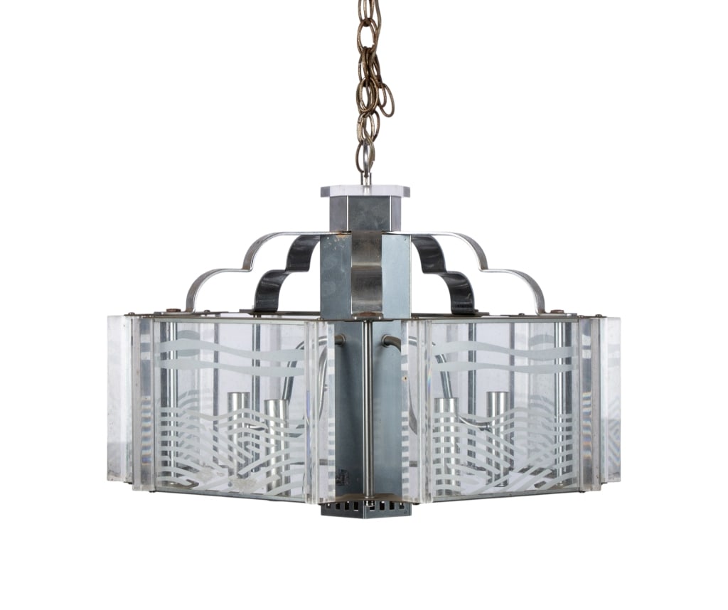 20TH CENTURY FREDERICK RAYMOND STYLE PENDANT FIXTU: 20th century Frederick Raymond style pendant fixture. Approximate dimensions: h. 14", w. 21", d. 21" Disclaimer: Participating bidders must have a credit card on file with LiveAuctioneers in order