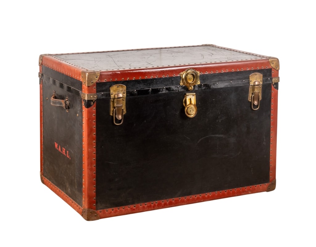 VINTAGE TRAVEL TRUNK: Vintage travel trunk with nailhead trim accents. Monogrammed W.A.H.L. to the side. Approximate dimensions: h. 23.5", w. 36", d. 22.5" Disclaimer: Participating bidders must have a credit card on file