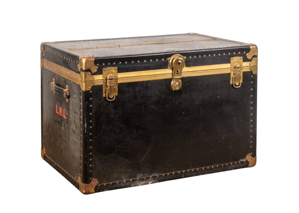 VINTAGE TRAVEL TRUNK: Vintage travel trunk with nailhead trim accents, and Lexington Bloomingdale?s New York label.Monogrammed L.H.L. to the side. Approximate dimensions: h. 23.75", w. 36", d. 22" Disclaimer: