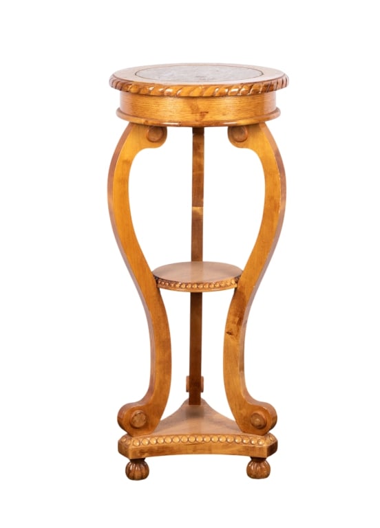 20TH CENTURY MARBLE TOP PEDESTAL TABLE: 20th century. Marble top pedestal table. Approximate dimensions: h. 36", dia. 16" Disclaimer: Participating bidders must have a credit card on file with LiveAuctioneers in order for their bidding