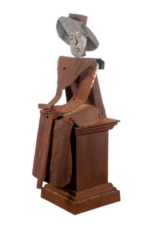 METAL FOLK ART FIGURAL SCULPTURE ON PEDESTAL: Metal folk art figural sculpture on pedestal. Approximate dimensions: h. 60", w. 19", d. 27" Disclaimer: Participating bidders must have a credit card on file with LiveAuctioneers in order for their b