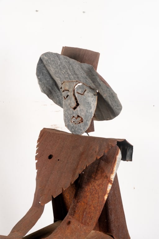 METAL FOLK ART FIGURAL SCULPTURE ON PEDESTAL - 2