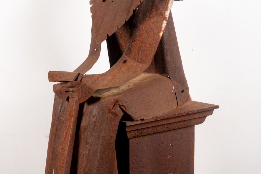 METAL FOLK ART FIGURAL SCULPTURE ON PEDESTAL - 3
