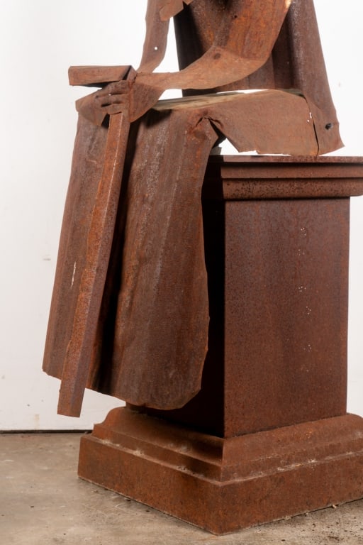 METAL FOLK ART FIGURAL SCULPTURE ON PEDESTAL - 4