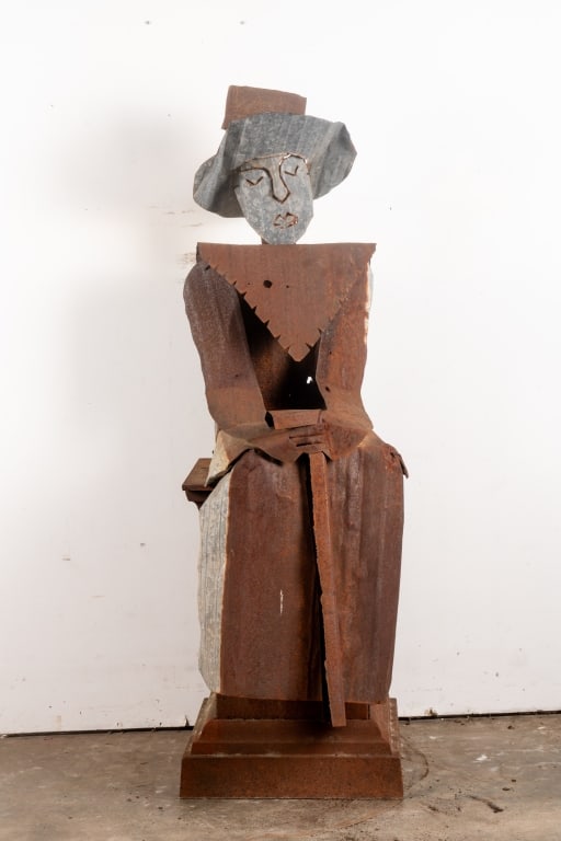 METAL FOLK ART FIGURAL SCULPTURE ON PEDESTAL - 5