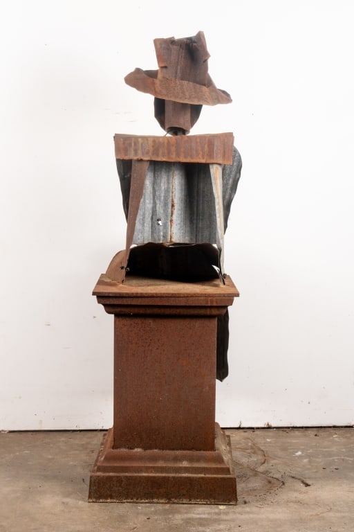 METAL FOLK ART FIGURAL SCULPTURE ON PEDESTAL - 6