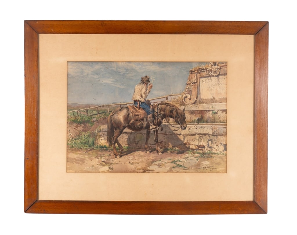 ENRICO COLEMAN, HORSEMAN, WATERCOLOR ON PAPER: Enrico Coleman (Italian, 1846 - 1911). Untitled - watercolor on paper, signed to LR. Framed. Approximate dimensions: h. 27.5", w. 34.5", d. 1" Disclaimer: Participating bidders must have a credit