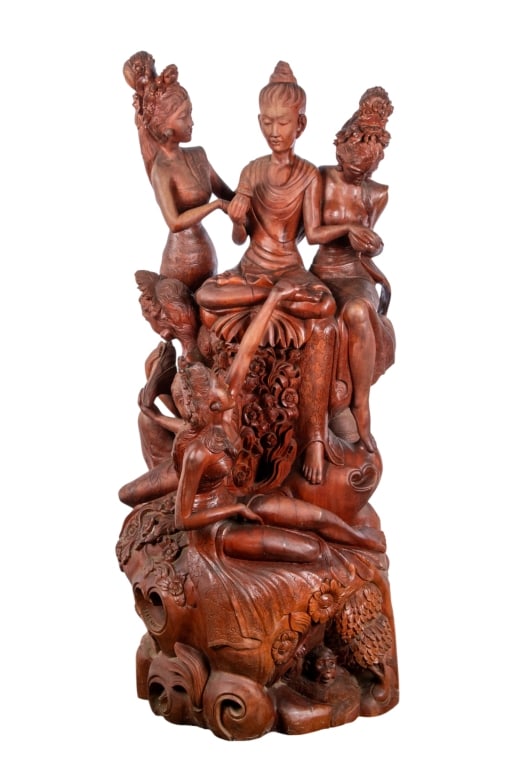 THAI TEAK FIGURAL STATUE: Thai Teak figural statue. Signed to bottom. Approximate dimensions: h. 42", w. 21.5", d. 19" Disclaimer: Participating bidders must have a credit card on file with LiveAuctioneers in order for their