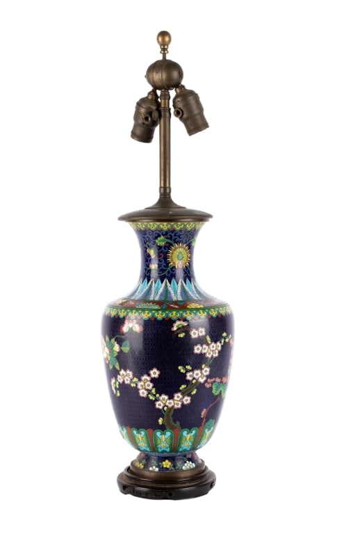 CHINESE CLOISONNE VASE MOUNTED AS LAMP: Chinese cloisonne vase mounted as lamp. Approximate dimensions: h. 25", dia. 7" Disclaimer: Participating bidders must have a credit card on file with LiveAuctioneers in order for their bidding