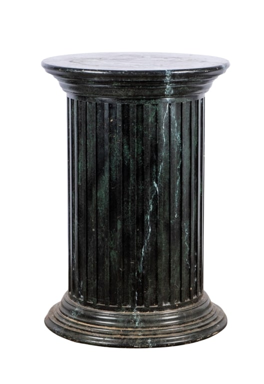 VINTAGE NEOCLASSICAL STYLE FAUX MARBLE PEDESTAL: Vintage Neoclassical style faux marble pedestal. Painted wood to resemble marble. Approximate dimensions: h. 34", dia. 24" Disclaimer: Participating bidders must have a credit card on file with