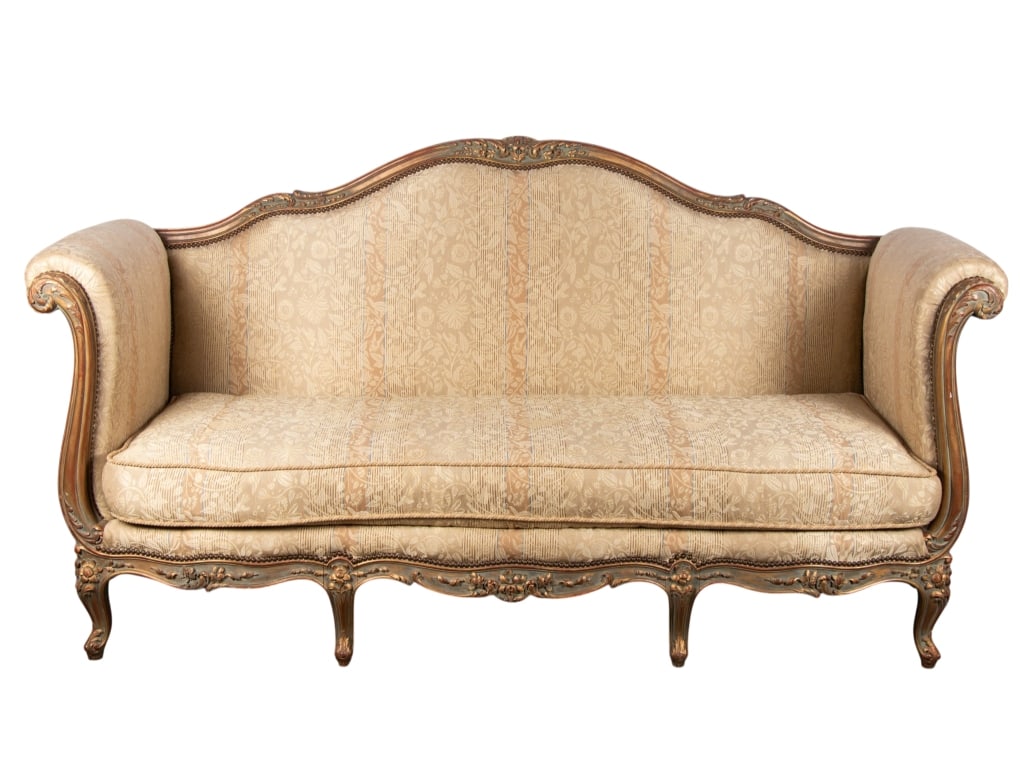 FRENCH LOUIS XV STYLE SOFA: French Louis XV style sofa with silk upholstery, carved legs, and apron. Approximate dimensions: h. 44", w. 81", d. 31" Disclaimer: Participating bidders must have a credit card on file with LiveAucti