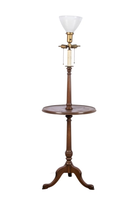 QUEEN ANNE STYLE FLOOR LAMP WITH TABLE: Queen Anne style floor lamp with table. Approximate dimensions: h. 60", dia. 19" Disclaimer: Participating bidders must have a credit card on file with LiveAuctioneers in order for their bidding