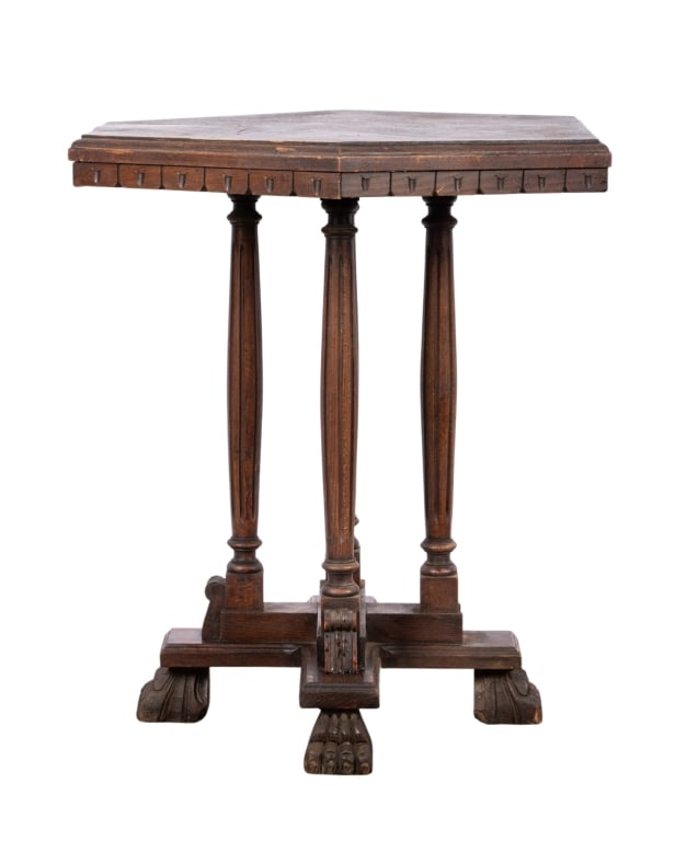 ACCENT TABLE WITH HEXAGONAL TOP & CLAW FEET: Accent table with hexagonal top and claw feet. Approximate dimensions: h. 23", w. 23", d. 20" Disclaimer: Participating bidders must have a credit card on file with LiveAuctioneers in order for their