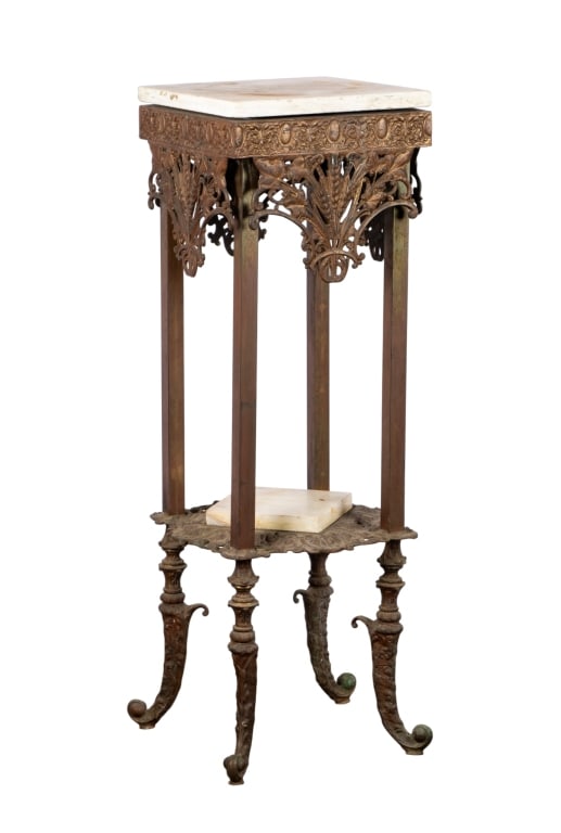 ANTIQUE BRASS & MARBLE TWO-TIER STAND: Antique brass and marble two-tier stand. Approximate dimensions: h. 37.25", w. 12", d. 12" Disclaimer: Participating bidders must have a credit card on file with LiveAuctioneers in order for their